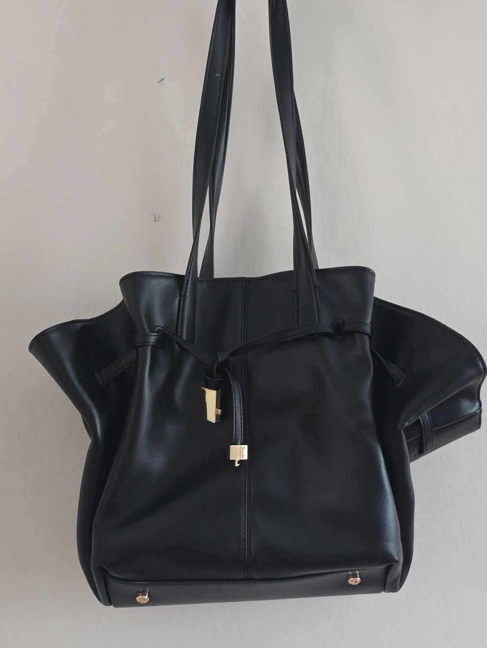 Black Women's Drawstring Tote Bag with Gold Accents